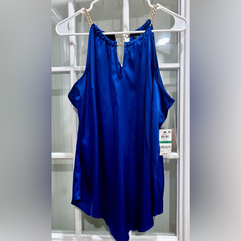 INC Blue Satin Chain Strap Halter Top (Size L) – Party Ready 🎉